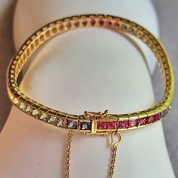 Rainbow Sapphire 18Kt, Princess Cut, Natural Square Sapphires, Tennis Bracelet - Picture 10 of 13